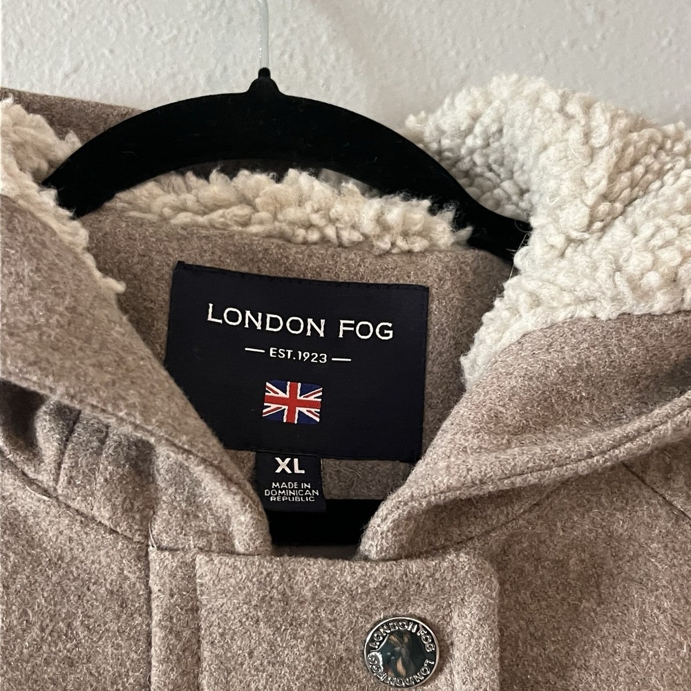 London Fog Womens XL Taupe Wool Blend Sherpa Hooded Coat Jacket Snap Zip Warm - Picture 4 of 8
